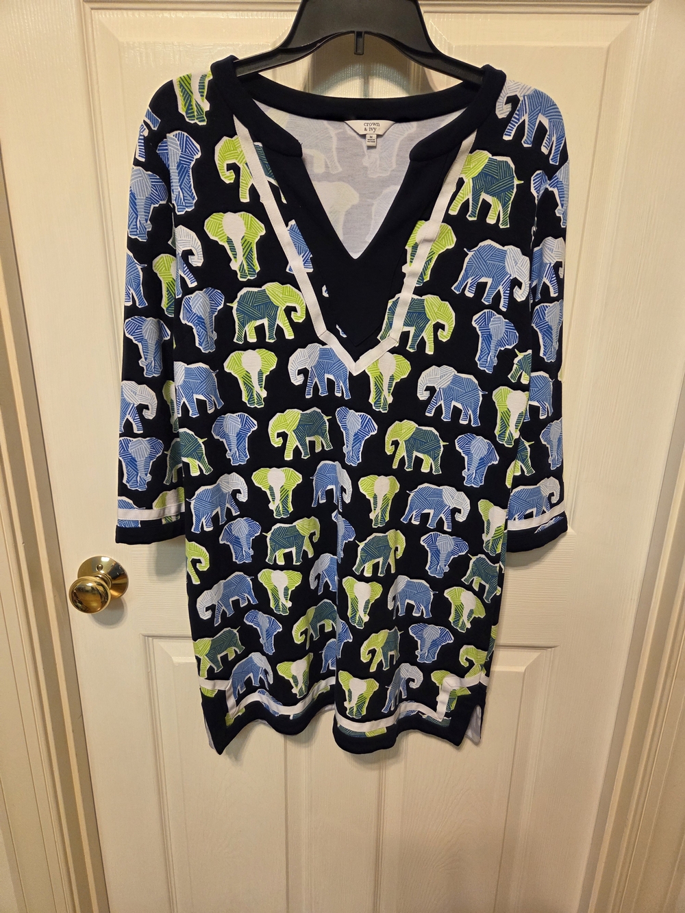 Crown & Ivy Navy Dress with Blue and Lime Elephant Print